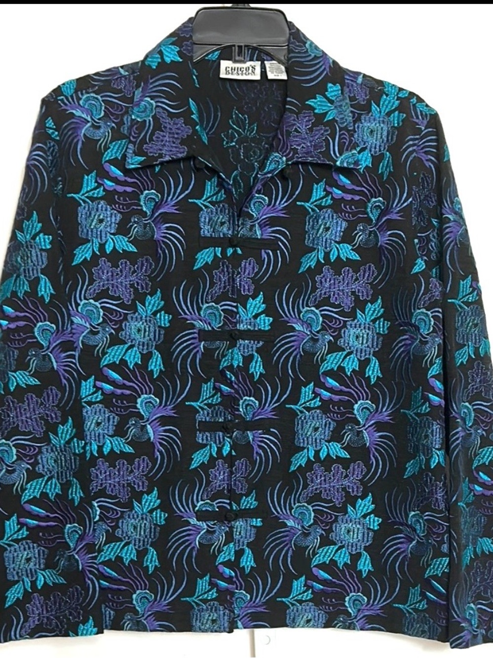 Chico’s Size M Black Blue Green Floral Birds Silk Blend Embroidered Jacket Top